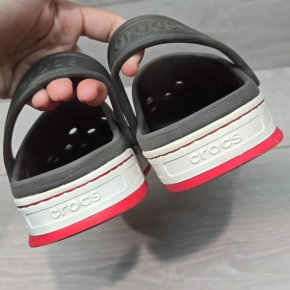 Crocs Kids Gray& Red Clogs Mule Shoes Sz J2